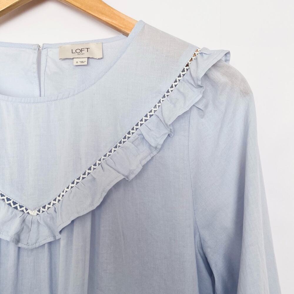 Loft Ruffle Blouse Long Sleeve Cotton Sheer Cottagecore Prairie Size Small Blue - Picture 3 of 16